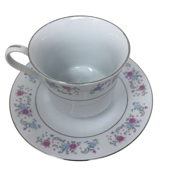 F.T.D.A 1987 Teacup and Saucer Set with Pink/Blue Flowers printed on both - Picture 2 of 5